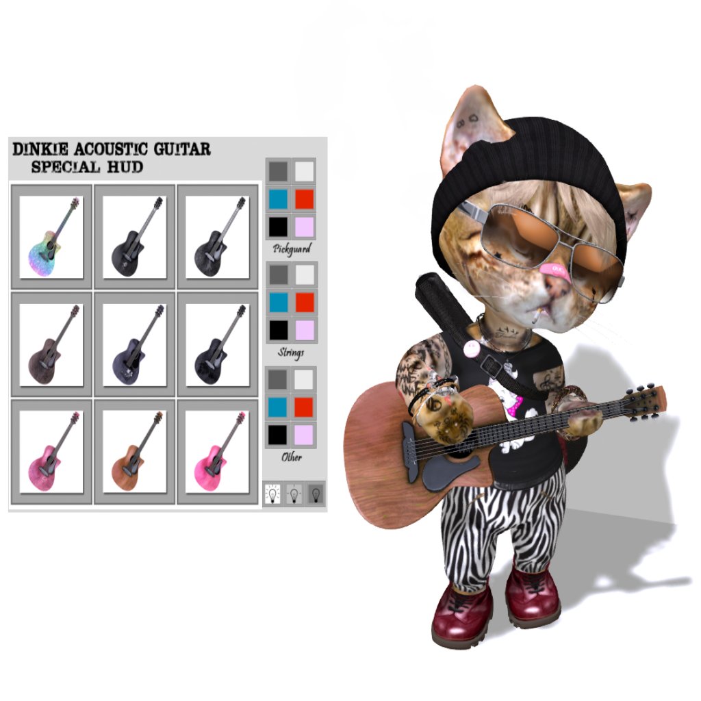 Male dinkie playing a guitar, with color options show on a hud next to him.