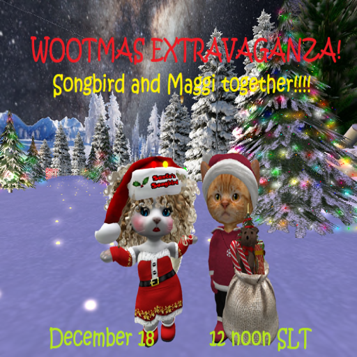 Image of Songbird and Maggi in front of decorated trees with "Wootmas extravaganza! Songbird and Maggi together!!"