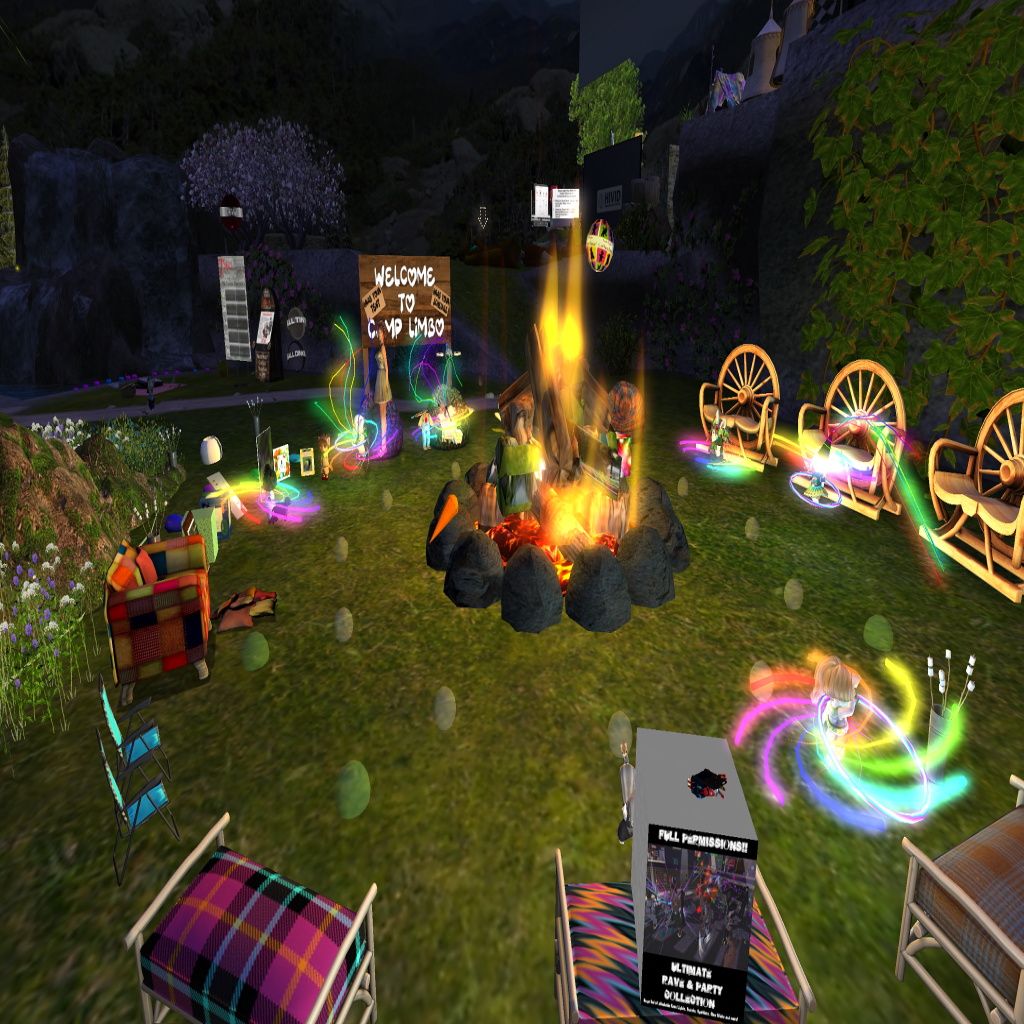 Campsite bonfire with people dancing around it with neon whirly lights. By by Jenni Daisy Tracer