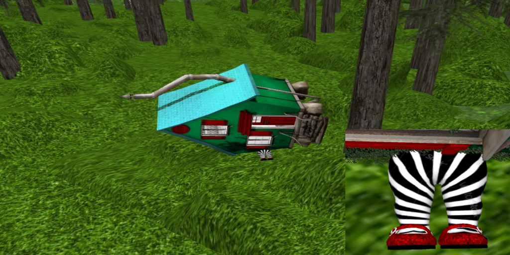 In a forest a small house has toppled over the legs of someone, who is wearing striped leggings and red ruby shoes. 