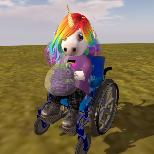 Minie in a wheelchair holding a bag of wootberries